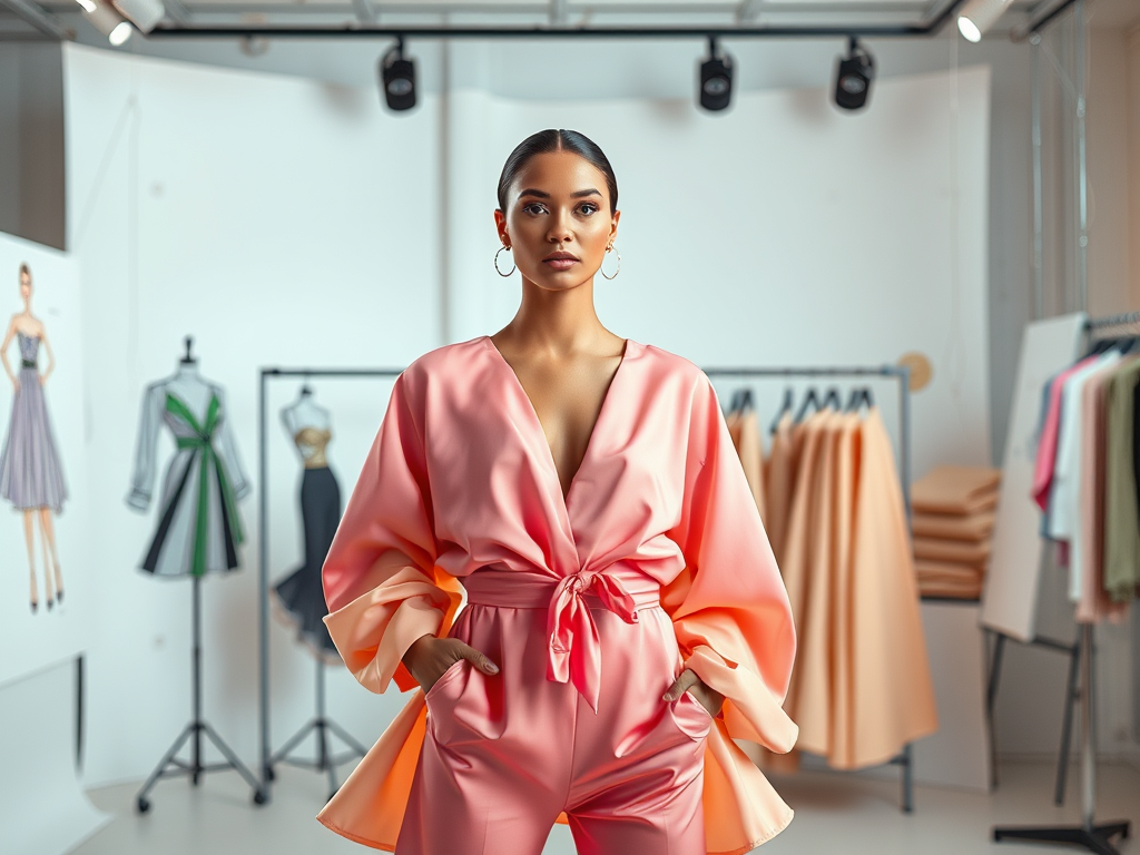 A model wears a stylish pink outfit, posing confidently in a fashion studio with designs in the background.