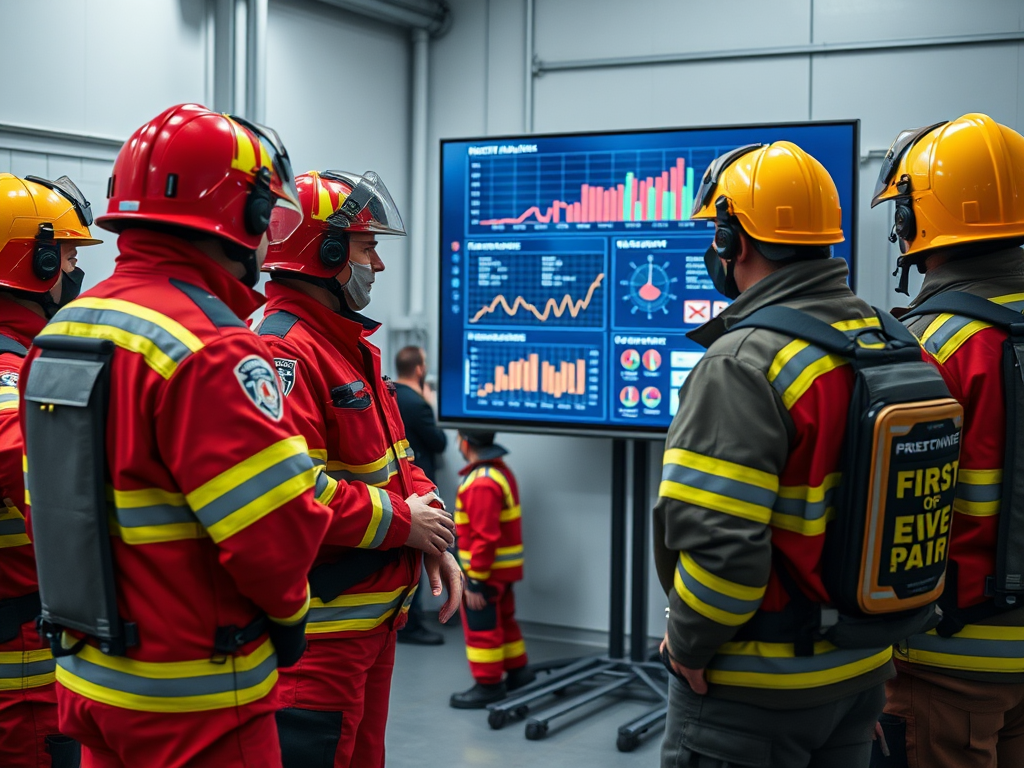 A group of firefighters in uniforms stands before a screen displaying various data and analytics.