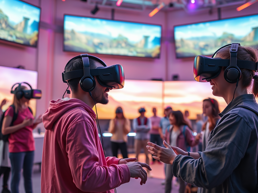 Two people wearing VR headsets interact joyfully in a high-tech room with screens displaying scenic landscapes.