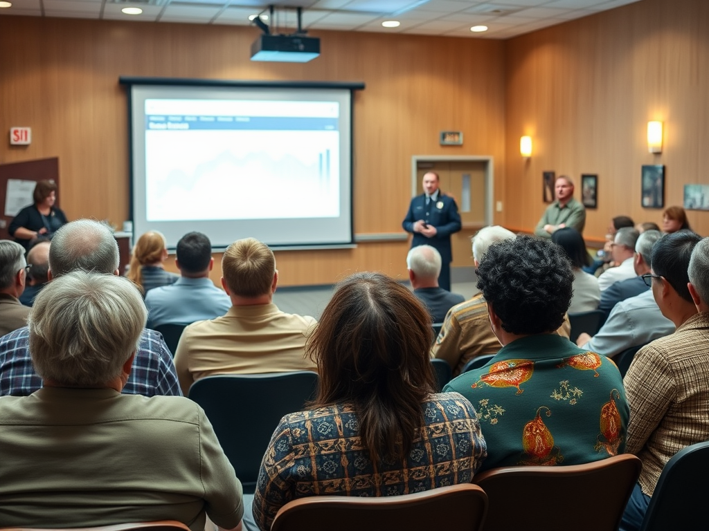 A group of people seated in a meeting room, listening to a presentation on a screen.